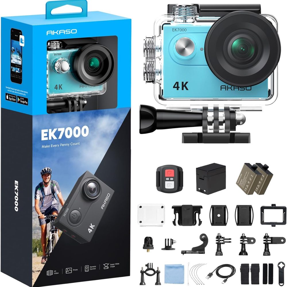 AKASO EK7000 4K30FPS 20MP WiFi Action Camera with EIS Ultra HD 131FT Waterproof Underwater Camera Remote Control 4X Zoom Support External Microphone Blue