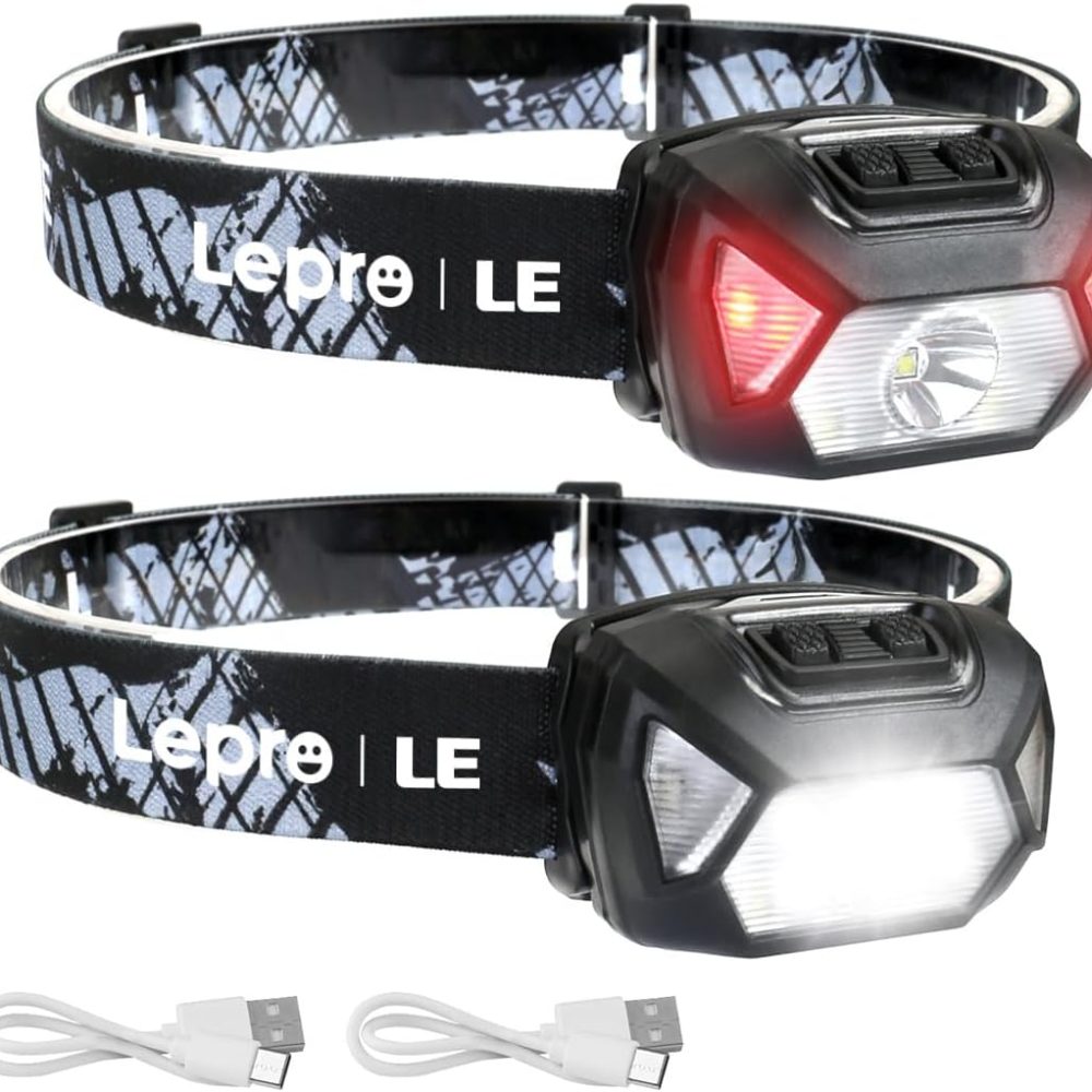 Lepro Rechargeable LED Headlamp Bright Waterproof Headlight 2 Pack - Black
