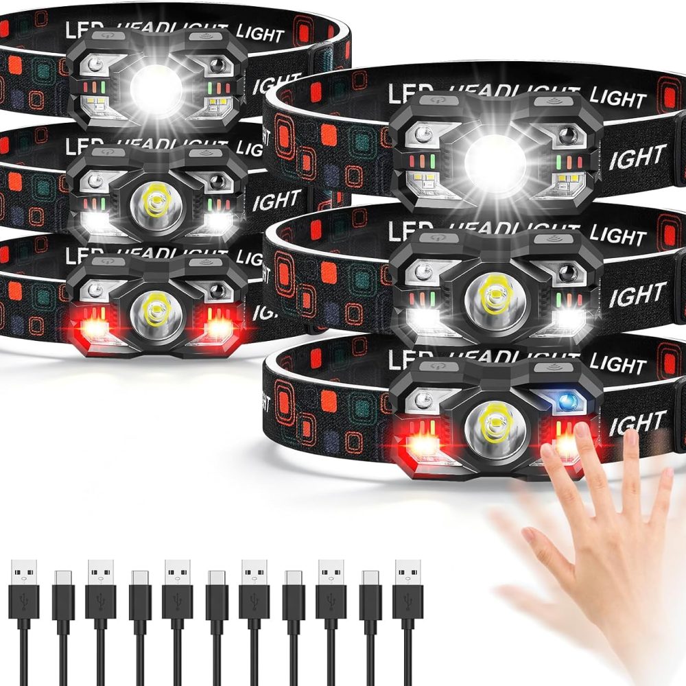 Headlamp Rechargeable 6Pack, 3000 Lumen Ultra-Light Bright Headlamp Flashlight with White Red Light, LED Headlight Motion Sensor, 5+5 Mode for Outdoor Camping Fishing Running Hiking